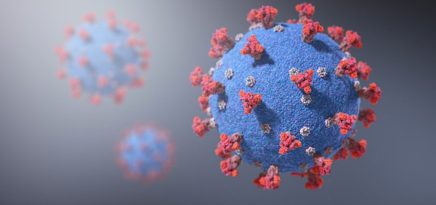 Medically accurate illustration of Covid-19 Virus showing spike protein on the surface of the contagion.